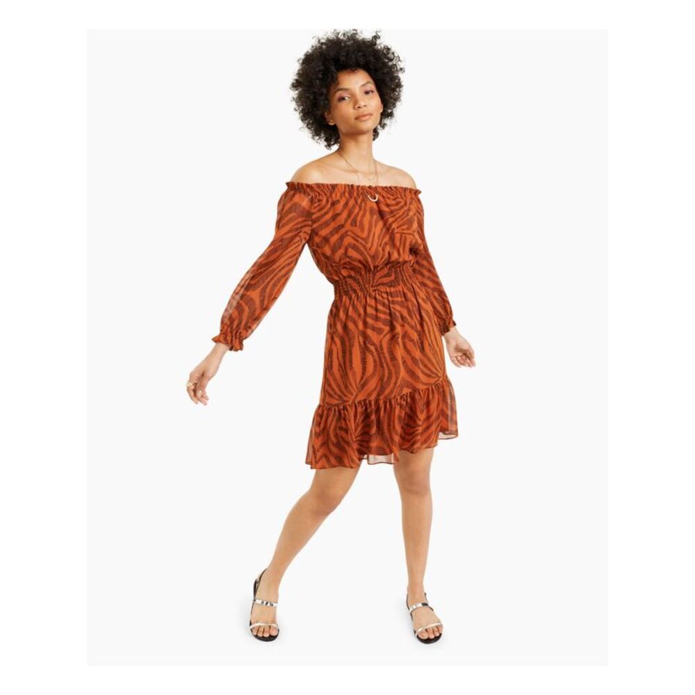 BAR III DRESSES Womens Orange Chiffon Flounce-hem Sleeve Short Dress XS